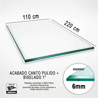 Vidrio Templado Rectangular Claro Para Mesa 220x110cm