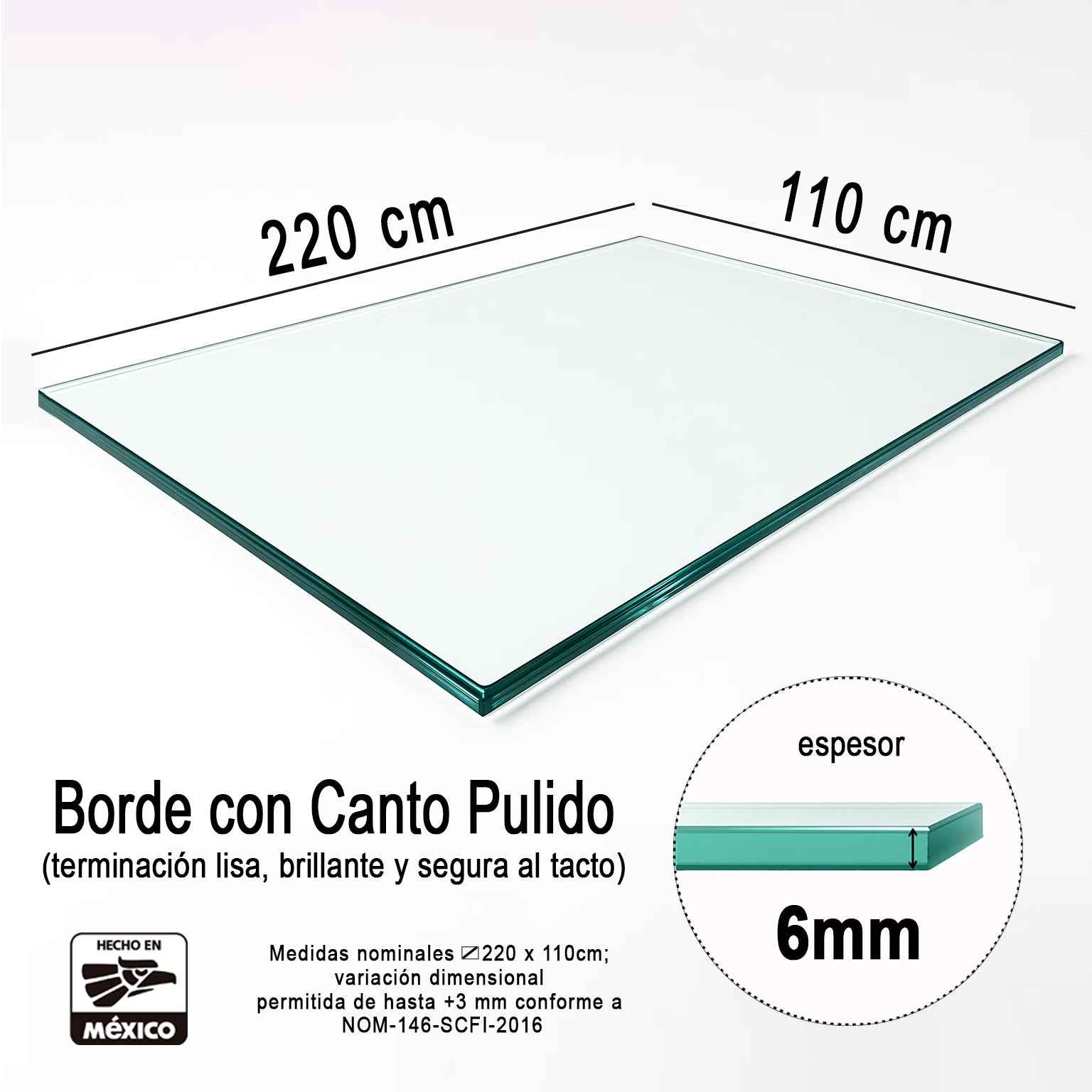 Vidrio Templado Rectangular Claro Para Mesa 220x110cm