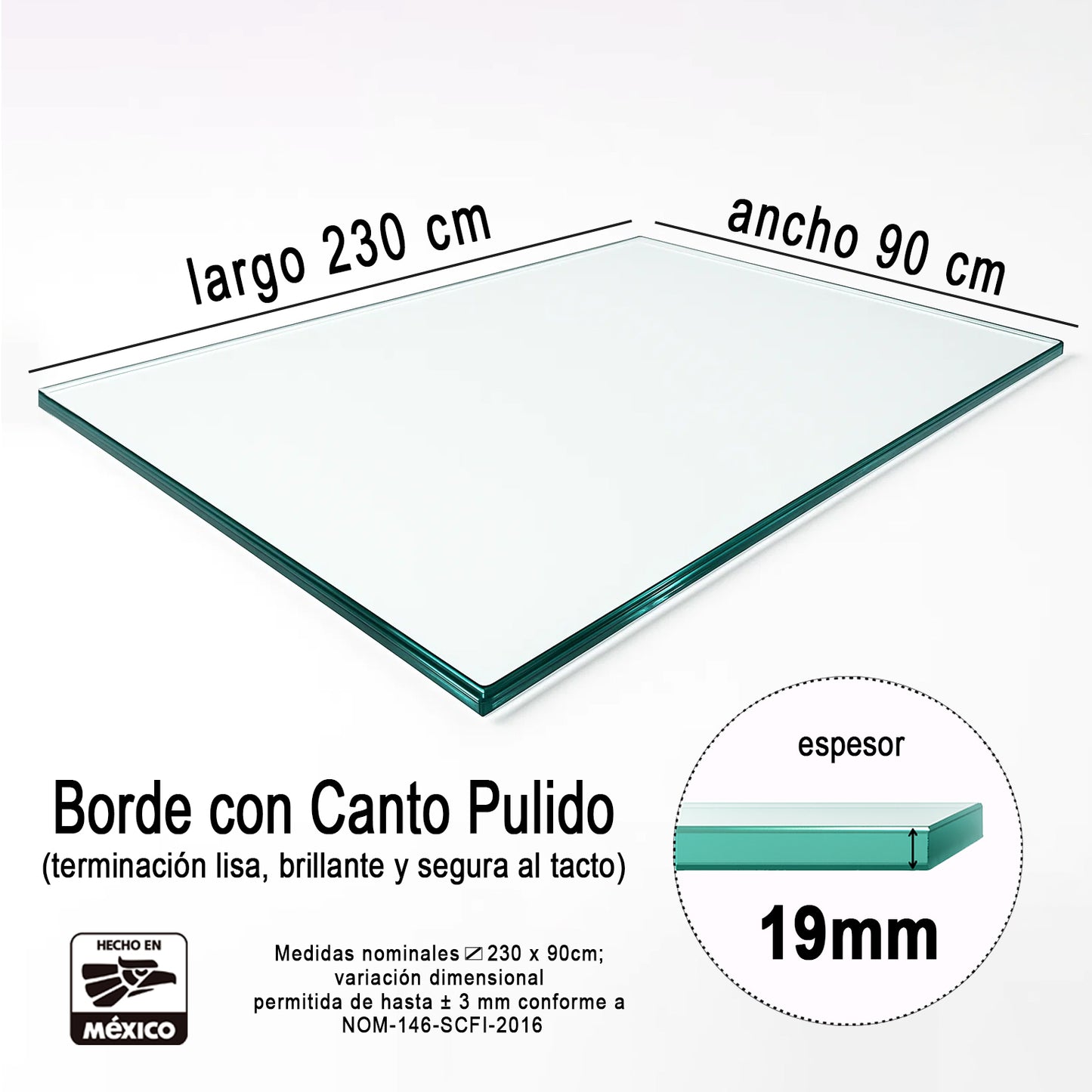 Cubierta Rectangular Vidrio Claro Templado para mesa de comedor medidas 230x90cm espesor de 19mm acabado canto pulido - VitroTemp