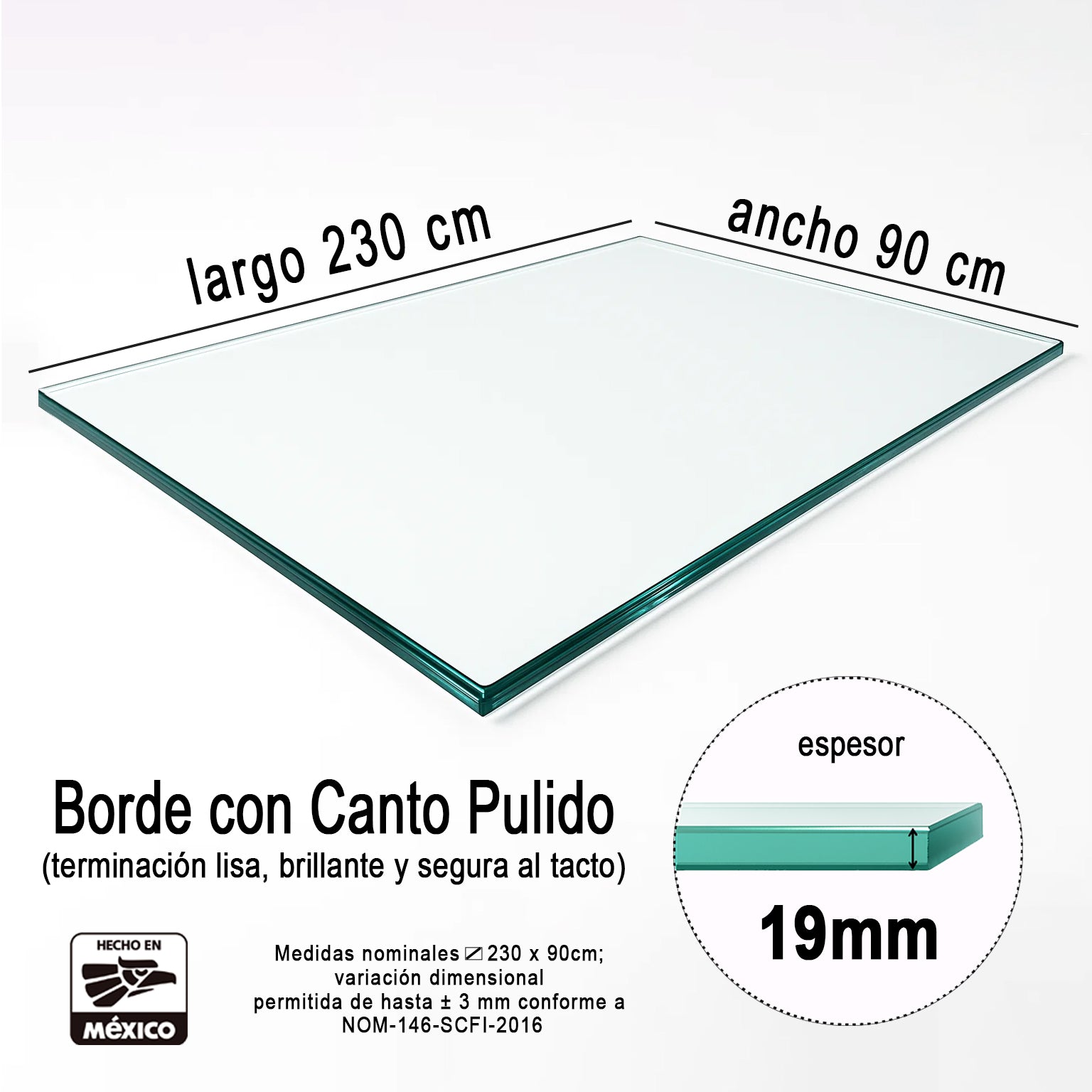 Cubierta Rectangular Vidrio Claro Templado para mesa de comedor medidas 230x90cm espesor de 19mm acabado canto pulido - VitroTemp