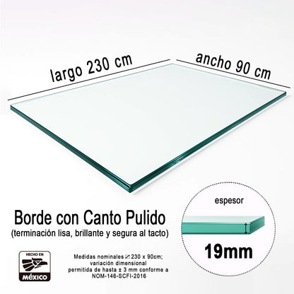 Cubierta Rectangular Vidrio Claro Templado para mesa de comedor medidas 230x90cm espesor de 19mm acabado canto pulido - VitroTemp