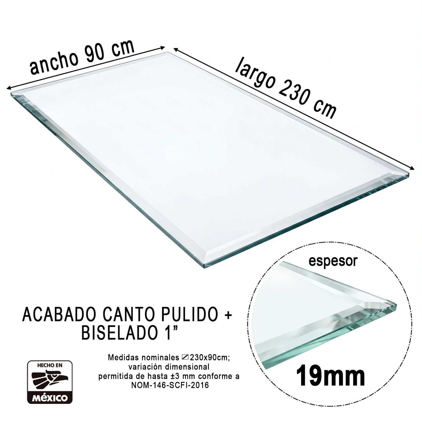 Cubierta Rectangular Vidrio Claro Templado 230x90cm