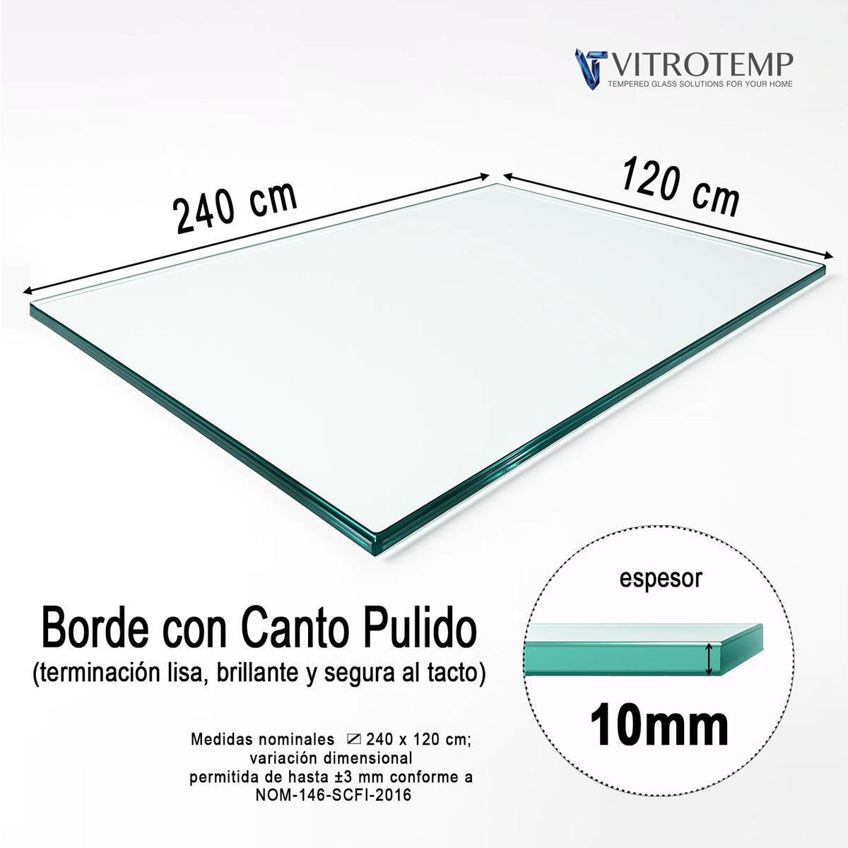 Cubierta Rectangular Vidrio Claro Templado 240x120cm