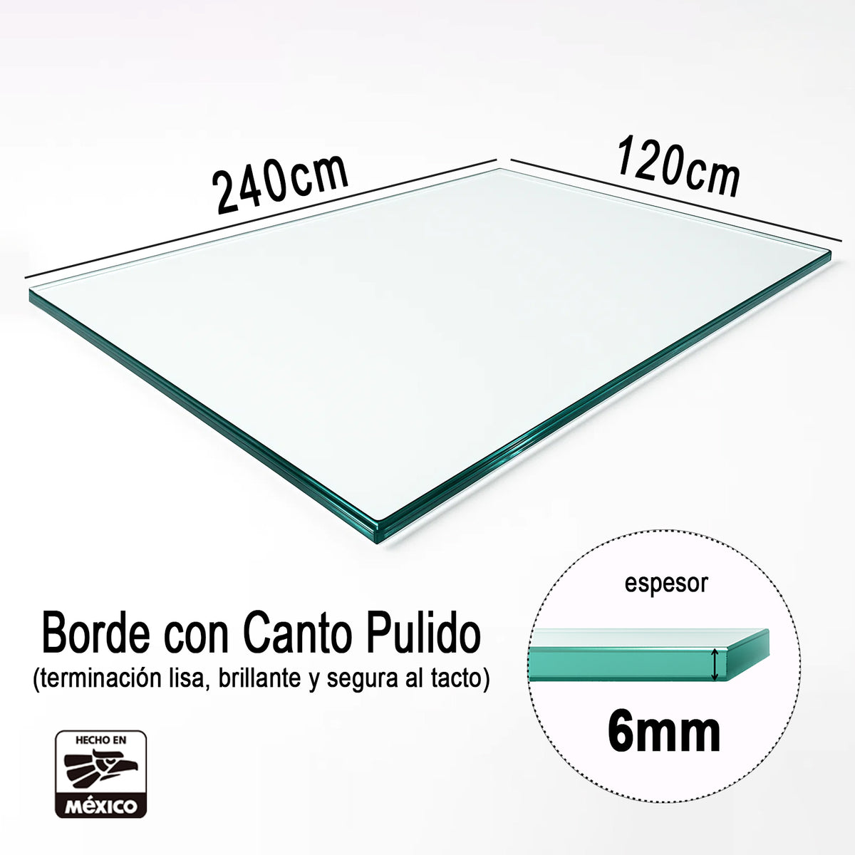 Cubierta Rectangular Vidrio Claro Templado 240x120cm