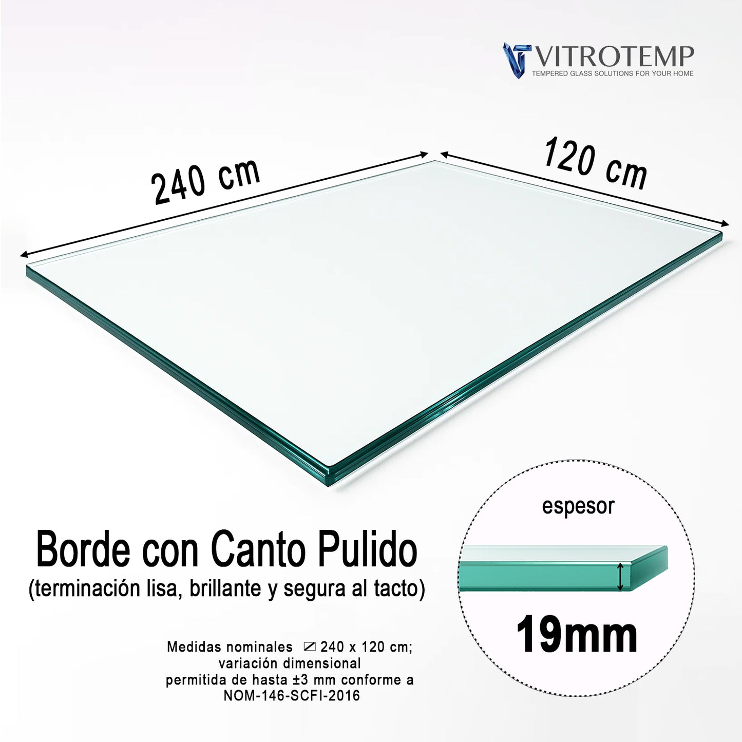 Cubierta Rectangular Vidrio Claro Templado 240x120cm