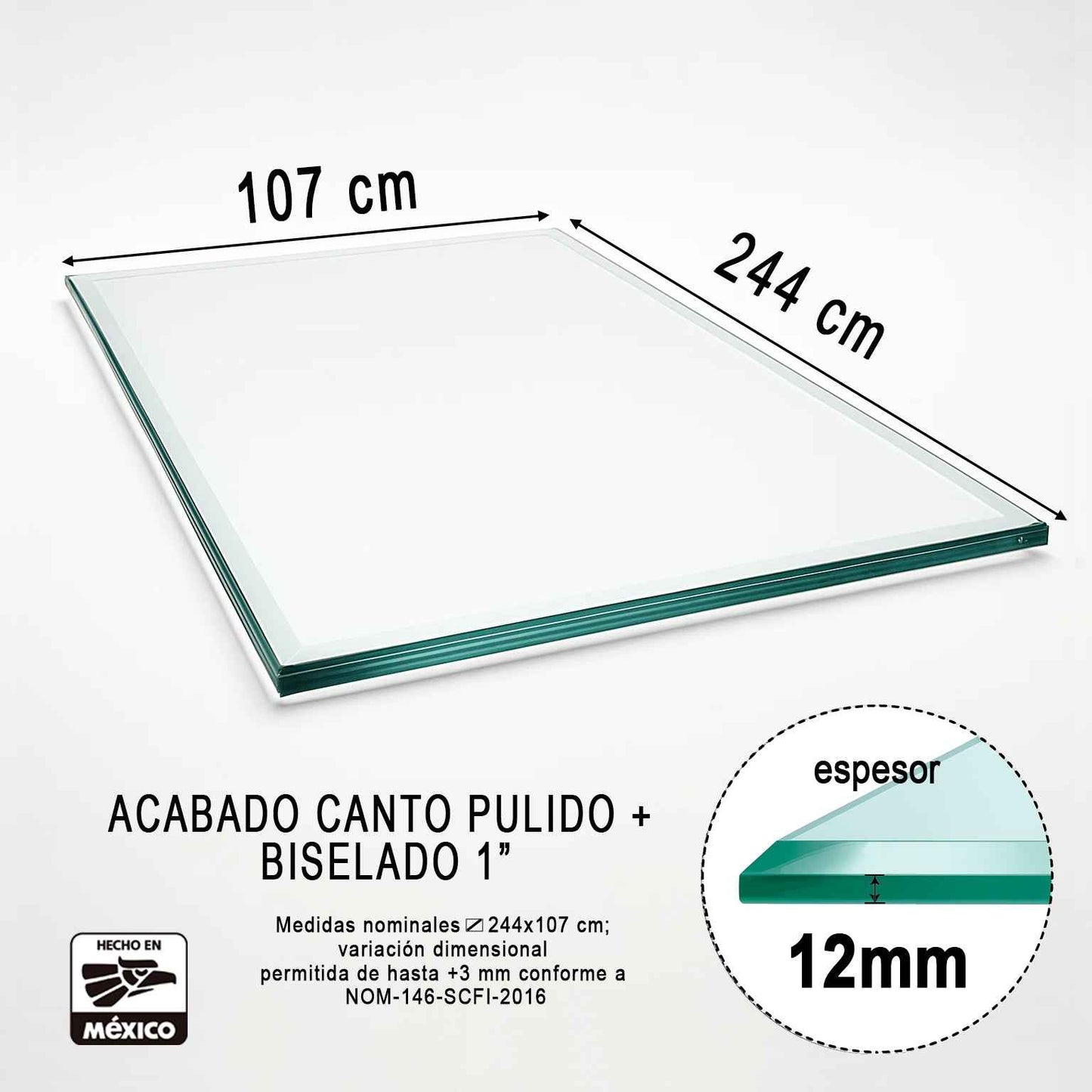 Cubierta Rectangular Vidrio Claro Templado 244x107cm