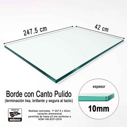 Vidrio Templado Rectangular Claro 247.5 x 42 cm para Mesa de Comedor