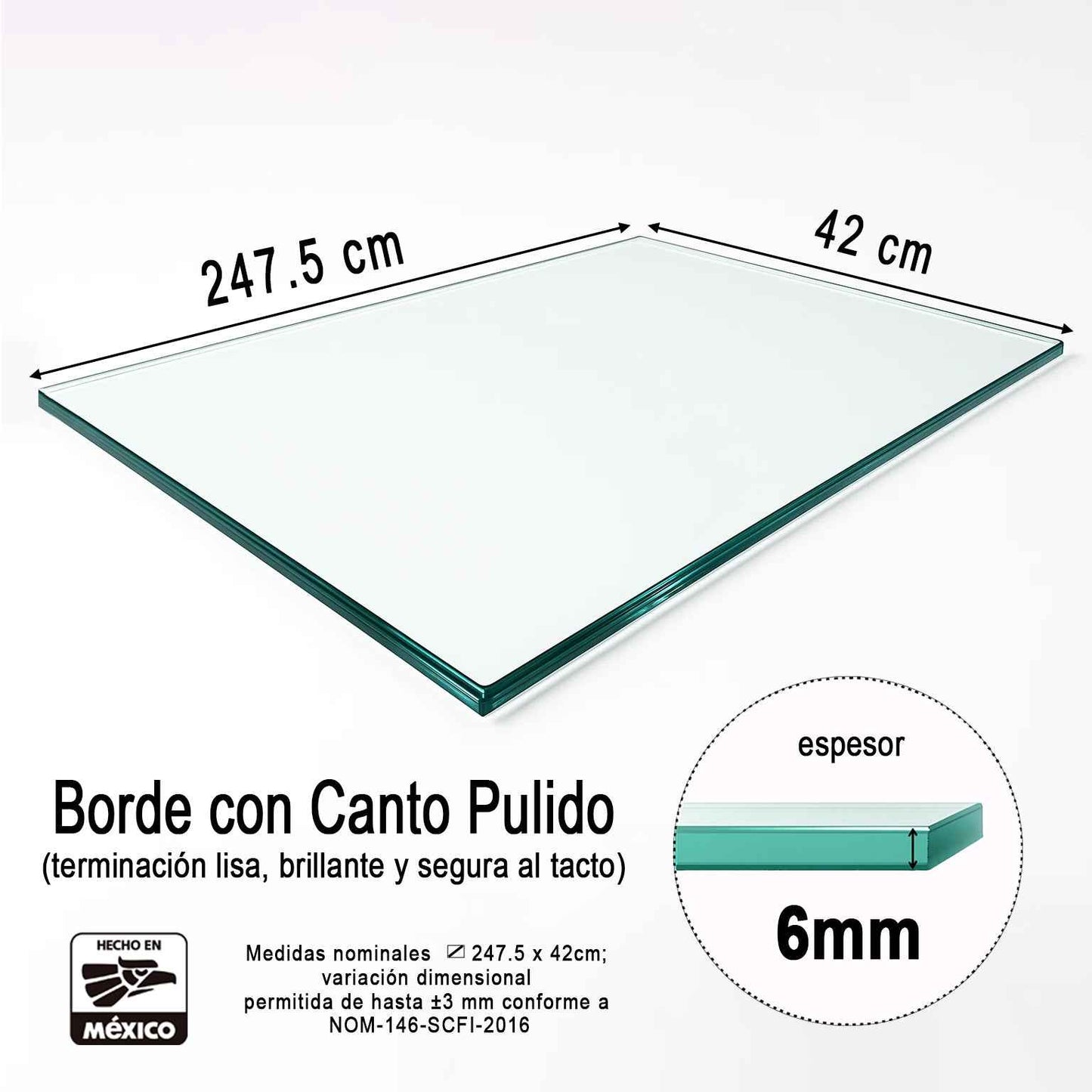 Vidrio Templado Rectangular Claro 247.5 x 42 cm para Mesa de Comedor