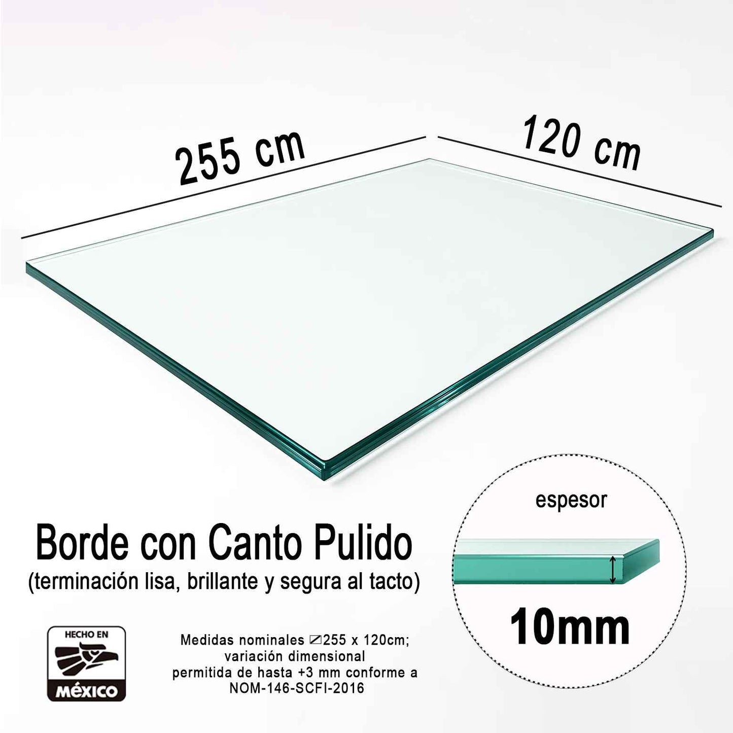 Vidrio Templado Rectangular Claro Para Mesa 255 x 120 cm