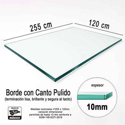 Vidrio Templado Rectangular Claro Para Mesa 255 x 120 cm