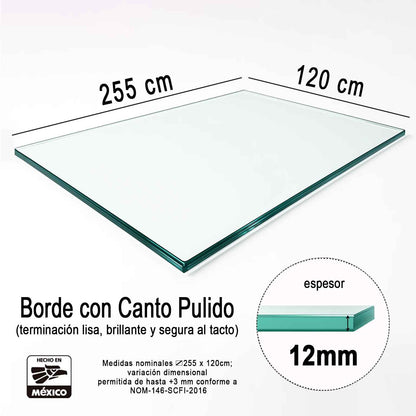 Vidrio Templado Rectangular Claro Para Mesa 255 x 120 cm