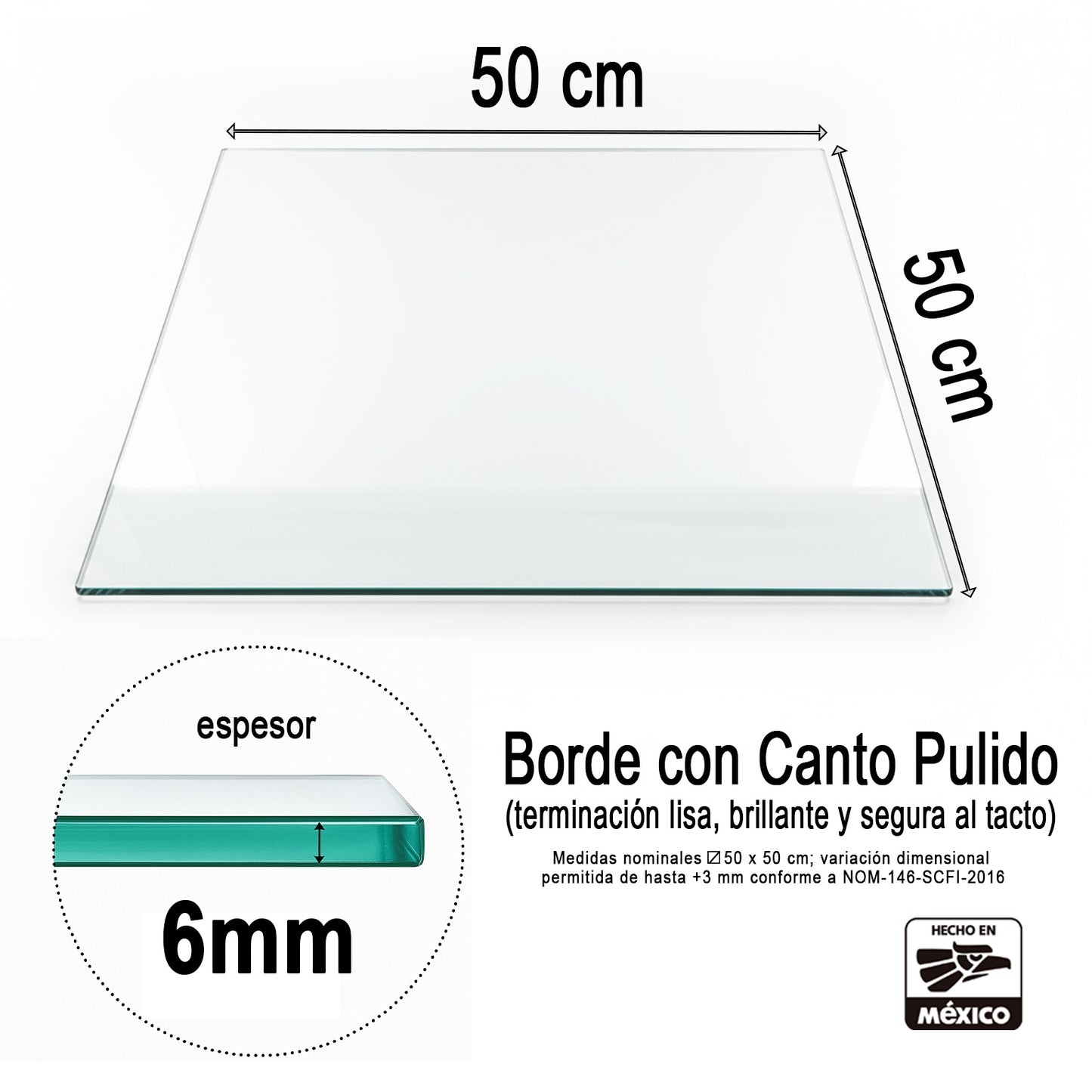 Cubierta Cuadrada de Vidrio Templado Claro 50 x 50 cm 6mm Canto Pulido - VitroTemp