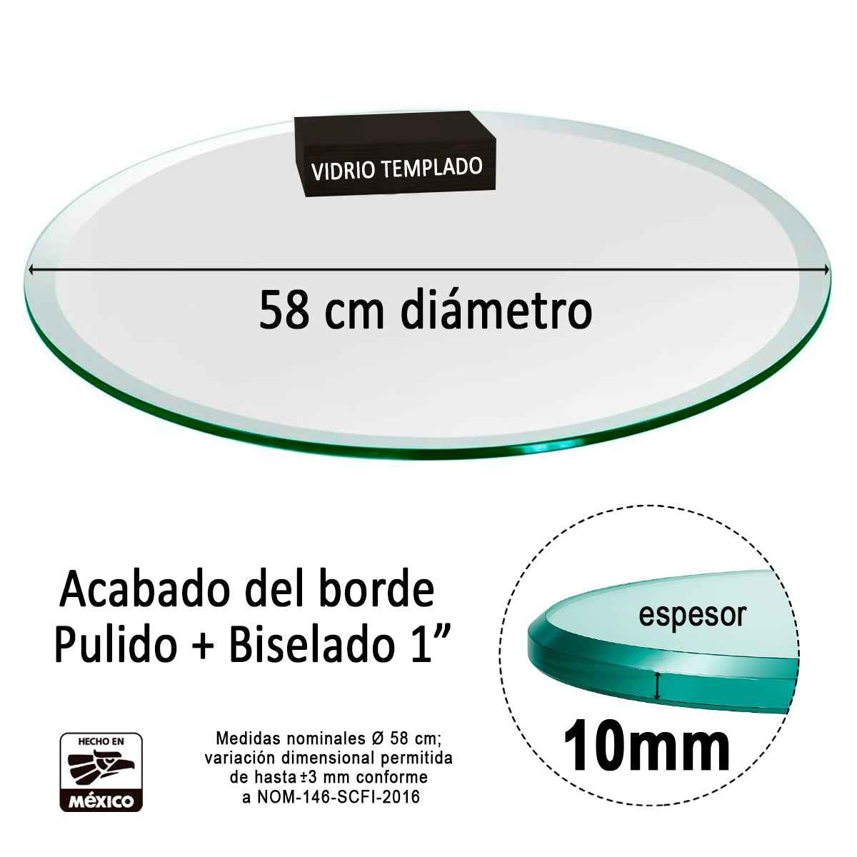Cubierta Circular Vidrio Claro Templado 58cm Diámetro