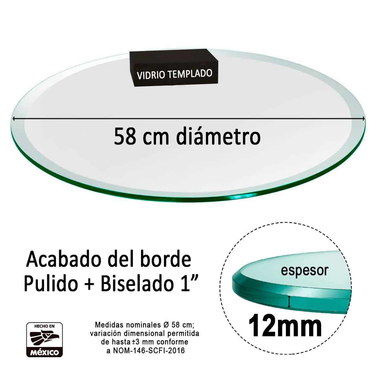 Cubierta Circular Vidrio Claro Templado 58cm Diámetro