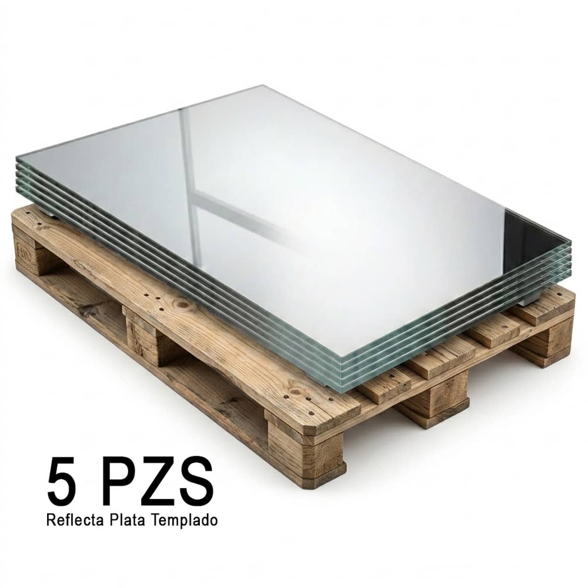 Paquete de 5 piezas de Vidrio Templado Reflecta Plata Rectangular apiladas sobre pallet de madera