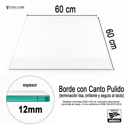 Cubierta Cuadrada Vidrio Templado Claro medidas 60 x 60 cm espesor 12mm y acabado canto pulido - VitroTemp
