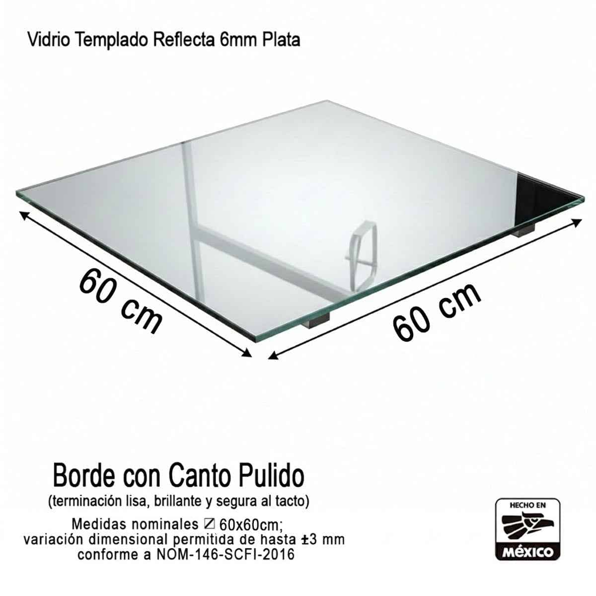Vidrio Templado Reflecta Plata Cuadrado de 6mm Medida 60 x 60 cm Control Solar Arquitectónico
