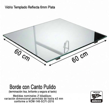 Vidrio Templado Reflecta Plata Cuadrado de 6mm Medida 60 x 60 cm Control Solar Arquitectónico