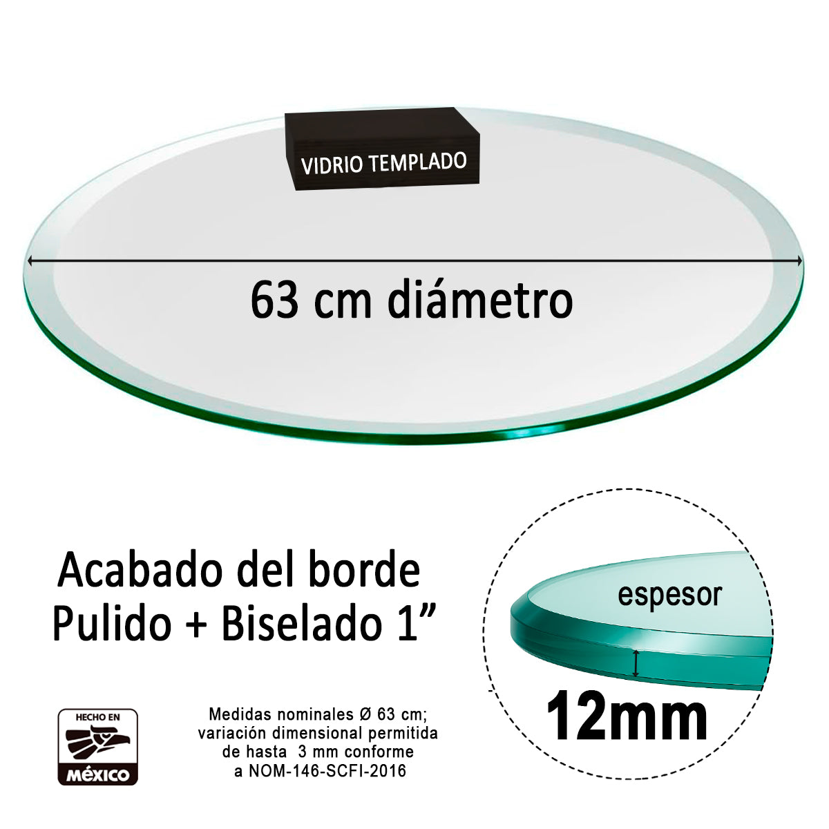 Cubierta Circular Vidrio Claro Templado 63cm Diámetro