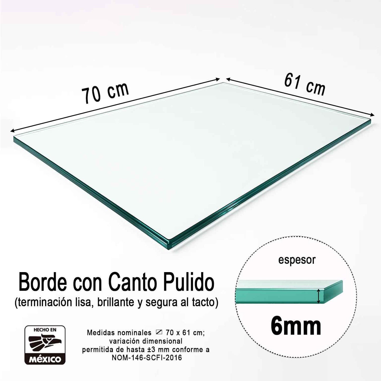 Cubierta Rectangular Vidrio Claro Templado 70x61cm