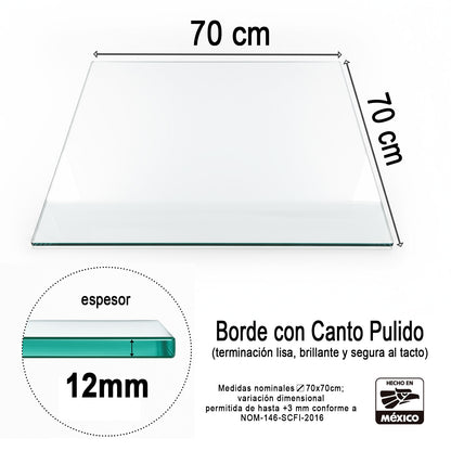 Cubierta Cuadrada de Vidrio Templado Claro 70 x 70 cm 12mm espesor acabado canto pulido - VitroTemp