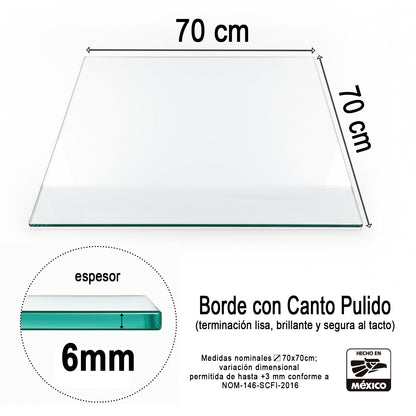 Cubierta Cuadrada de Vidrio Templado Claro 70 x 70 cm 6mm espesor acabado canto pulido - VitroTemp