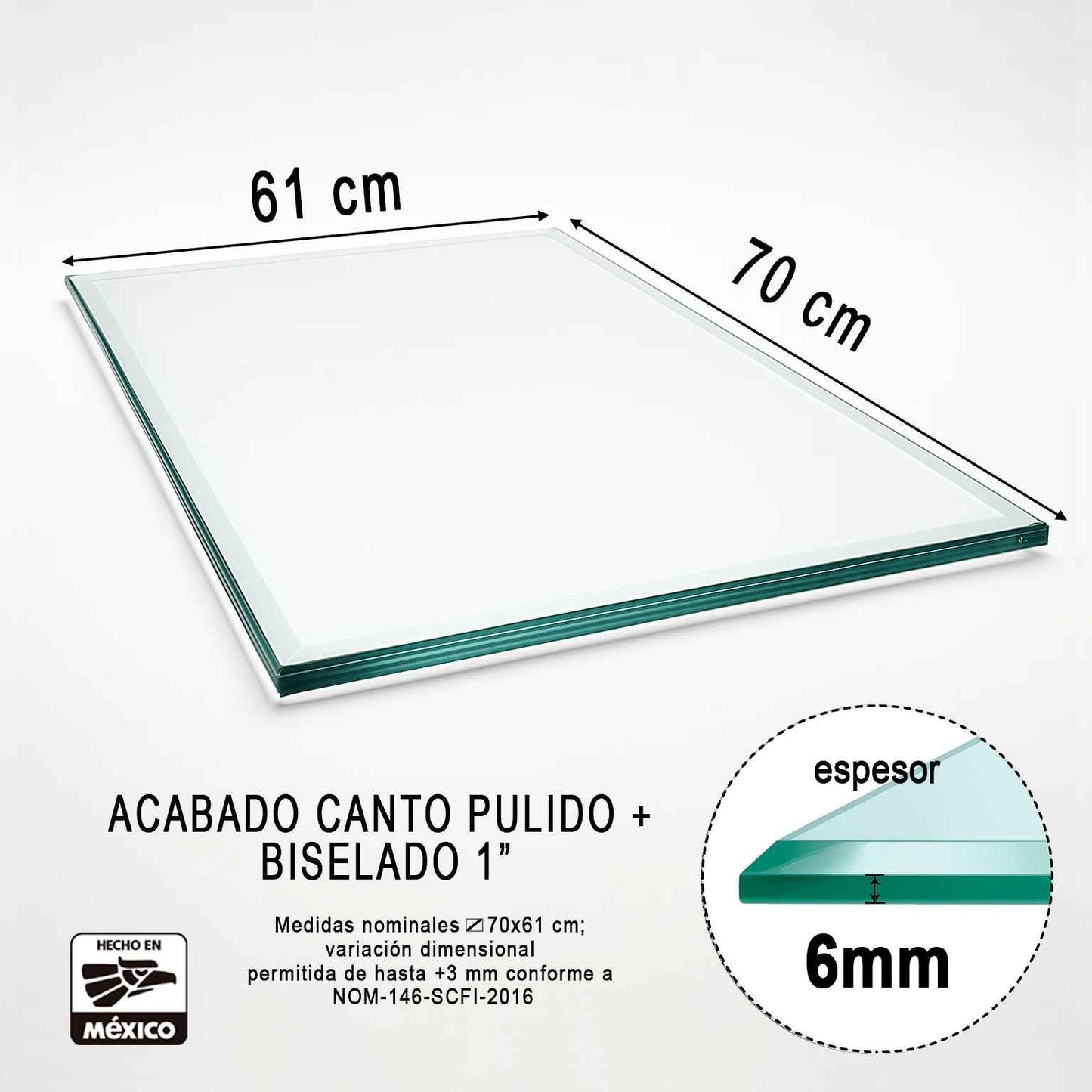 Cubierta Rectangular Vidrio Claro Templado 70x61cm