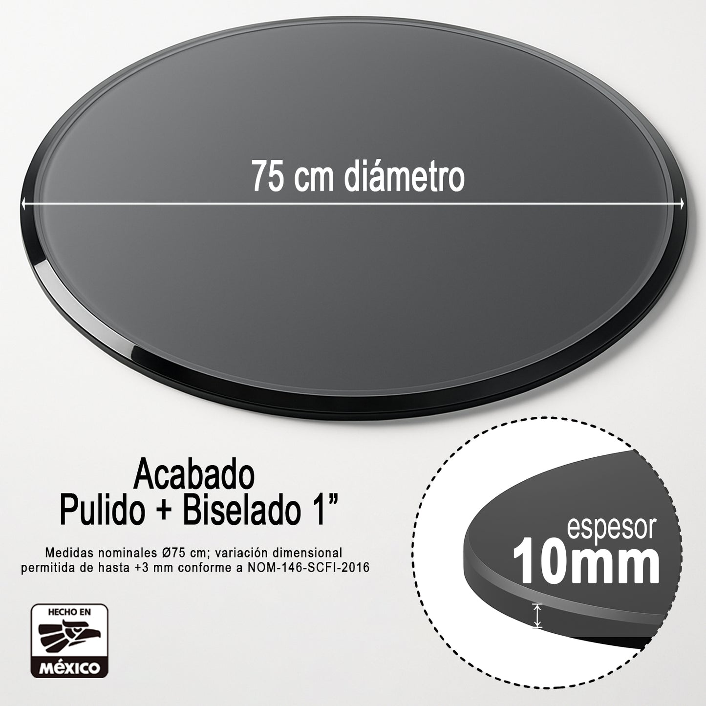 Cubierta Circular Vidrio Templado Ahumado 75cm Diámetro
