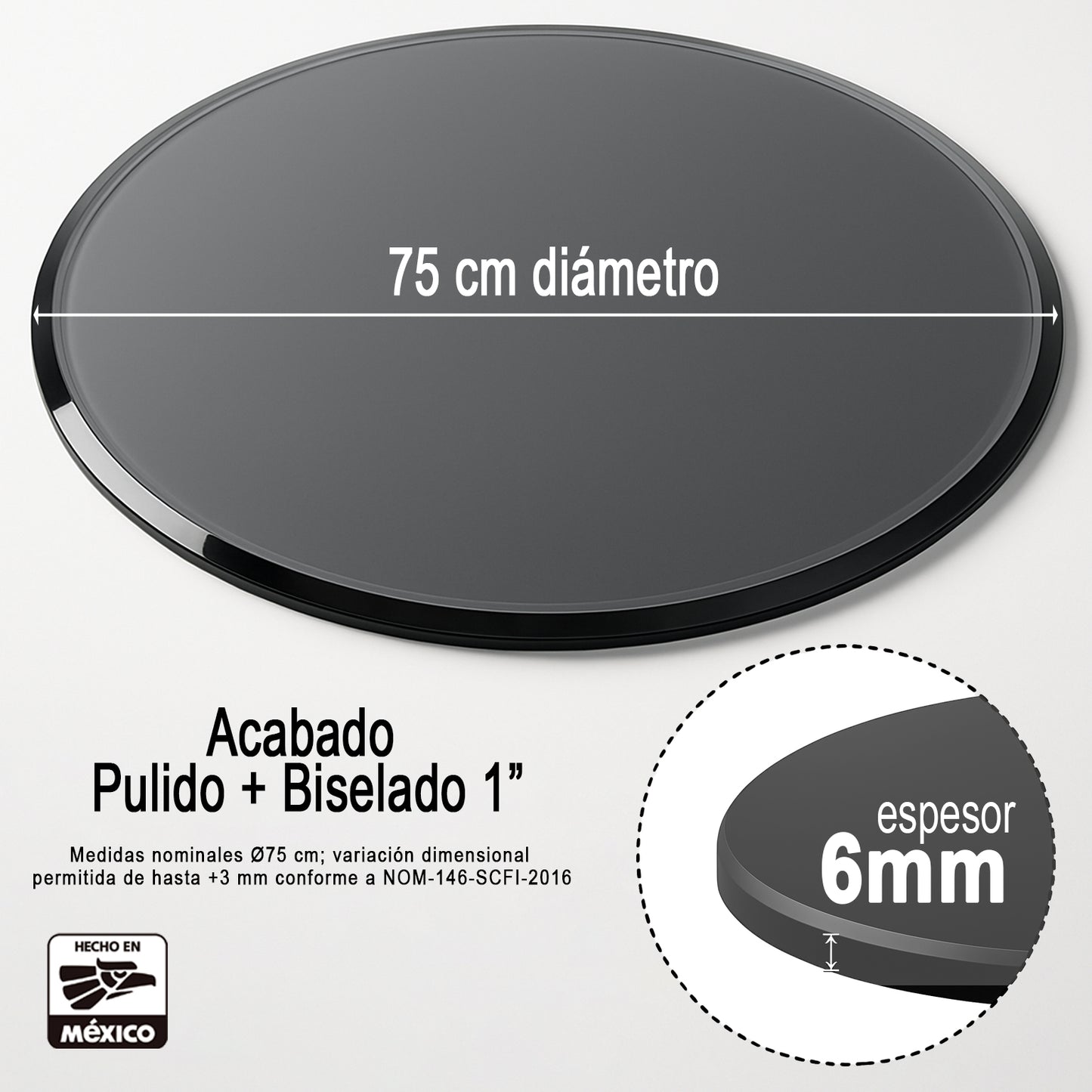 Cubierta Circular Vidrio Templado Ahumado 75cm Diámetro
