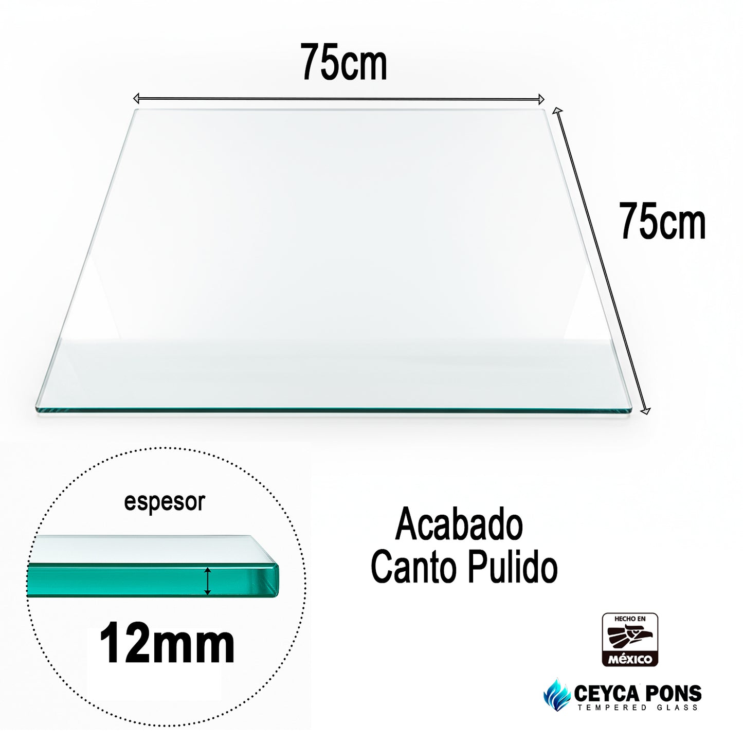 Cubierta Cuadrada de Vidrio Templado Claro 75x75cm