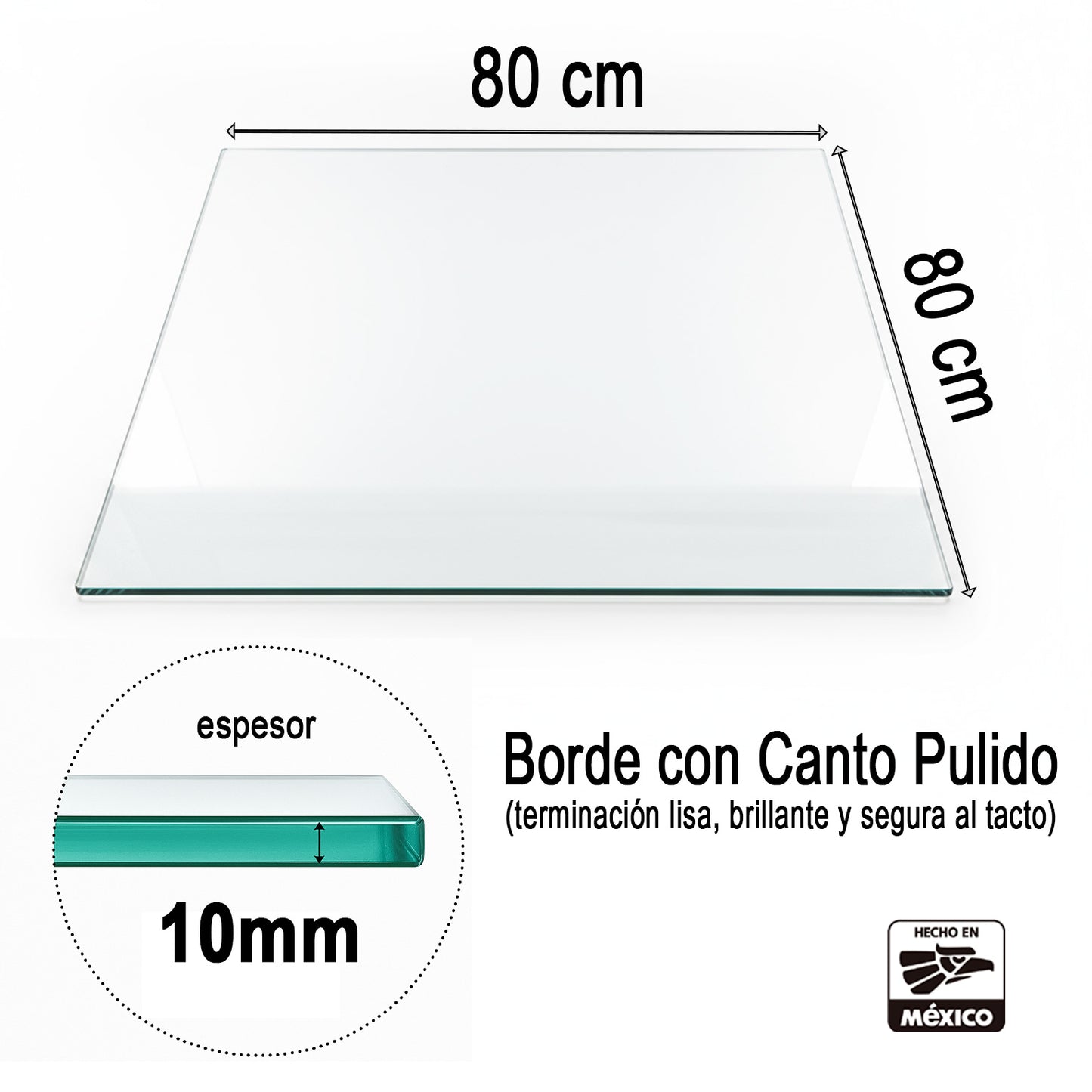 Cubierta Cuadrada de Vidrio Templado Claro 80x80cm de 10mm espesor y acabado canto pulido - VitroTemp