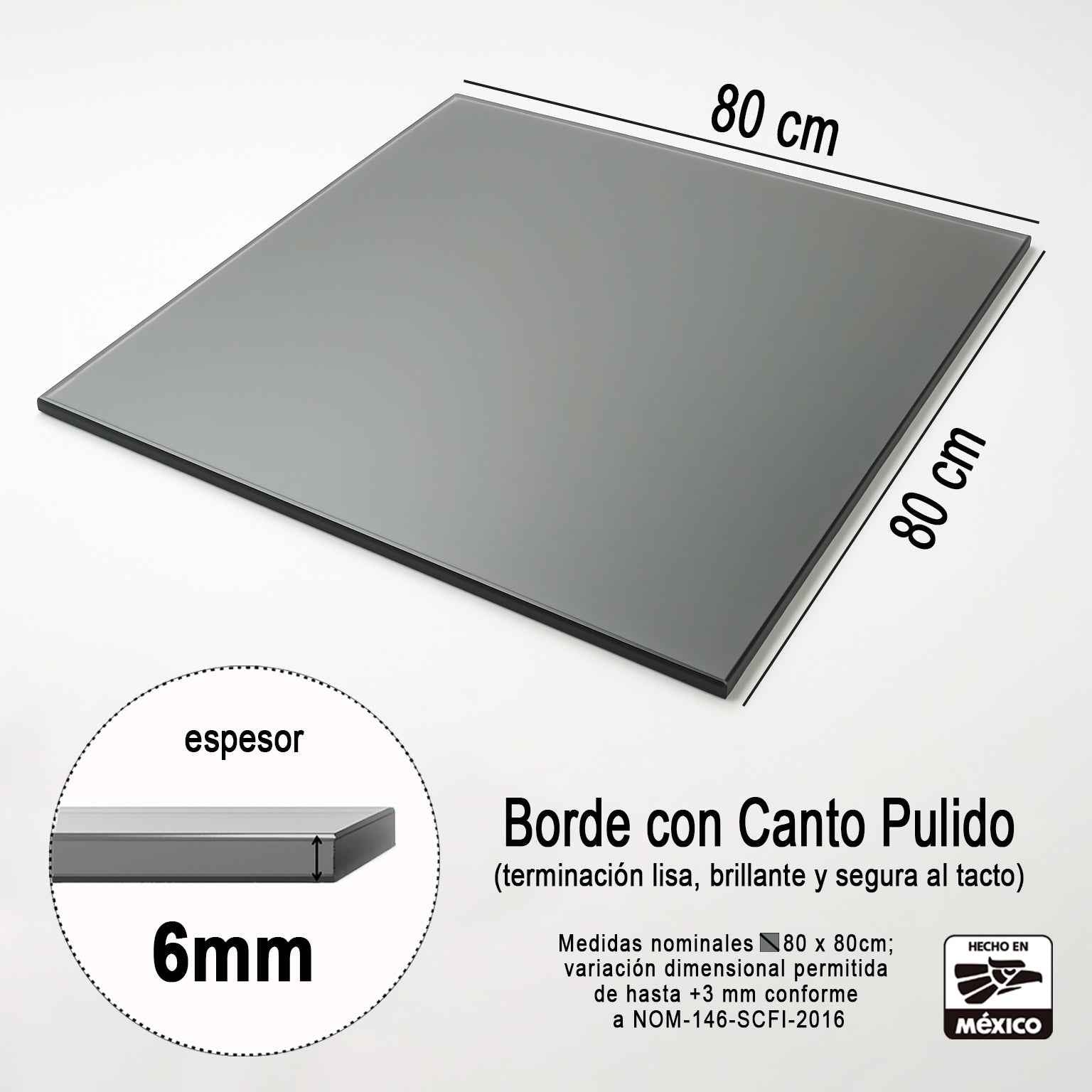 Cubierta Cuadrada de Vidrio Ahumado Templado para Mesa 80 x 80 cm