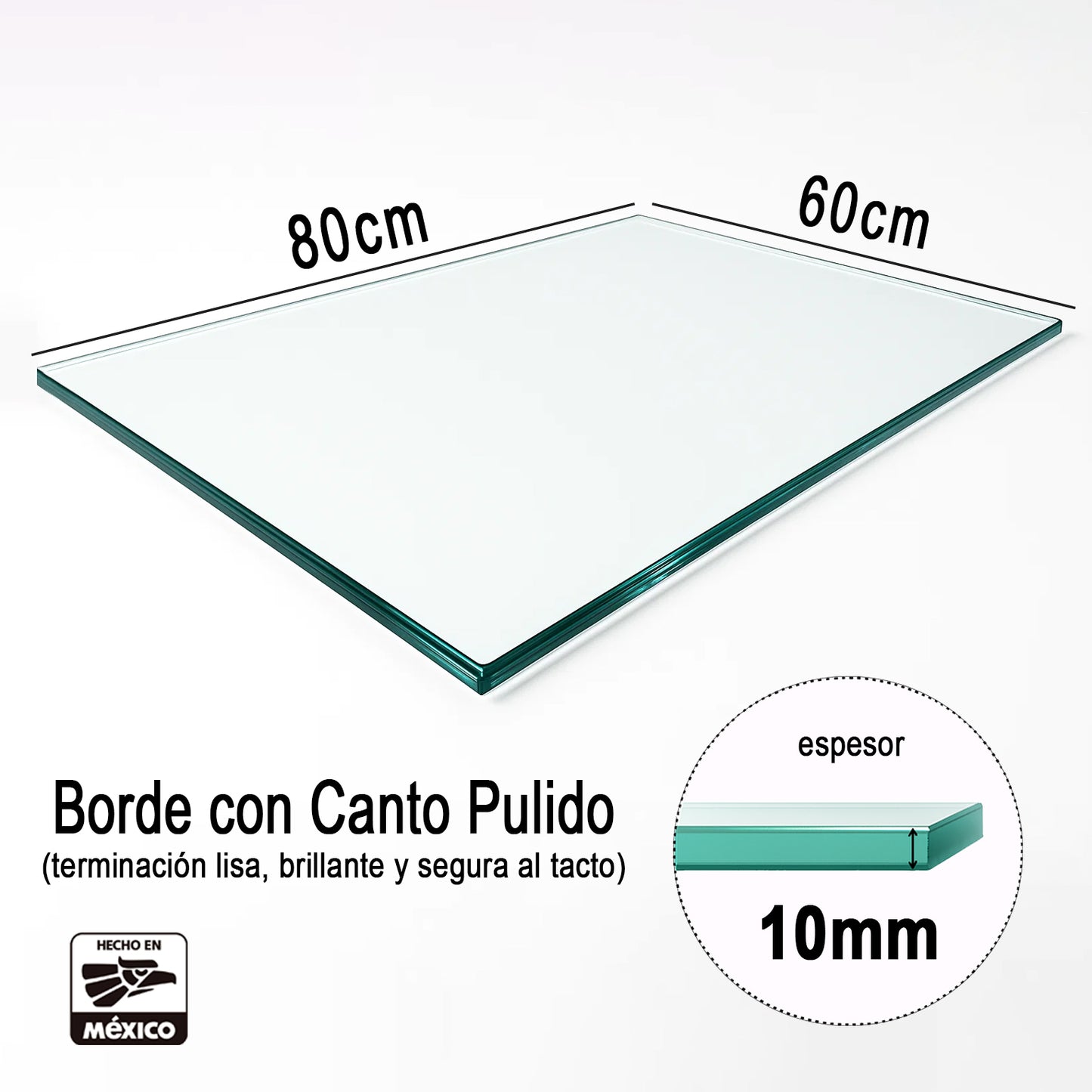 Cubierta Rectangular Vidrio Claro Templado 80x60cm para mesita de centro de 10mm espesor y acabado canto pulido - VitroTemp