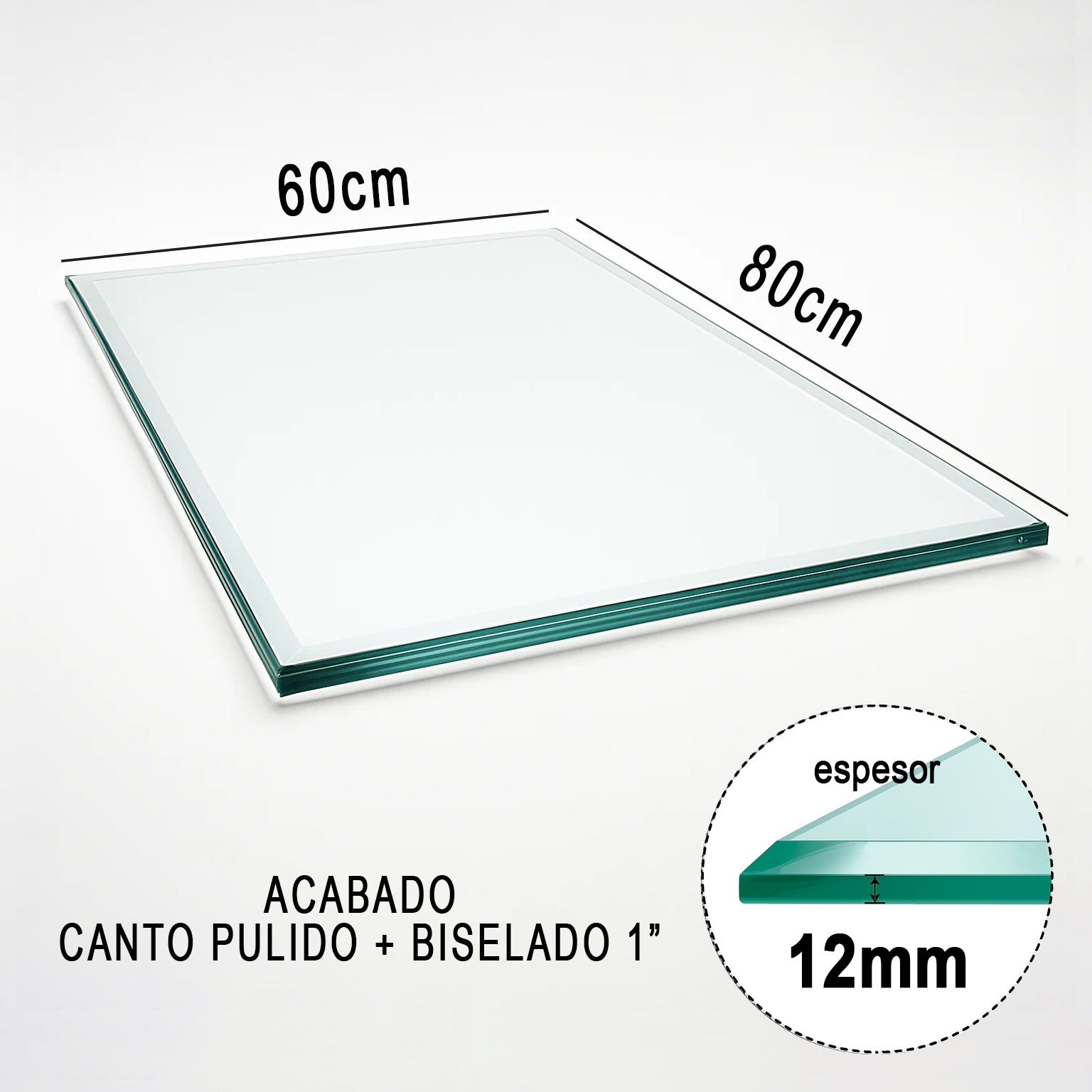 Cubierta Rectangular Vidrio Claro Templado 80x60cm para mesita de centro de 12mm espesor y acabado biselado de una pulgada - VitroTemp