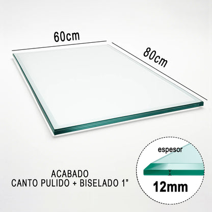 Cubierta Rectangular Vidrio Claro Templado 80x60cm para mesita de centro de 12mm espesor y acabado biselado de una pulgada - VitroTemp