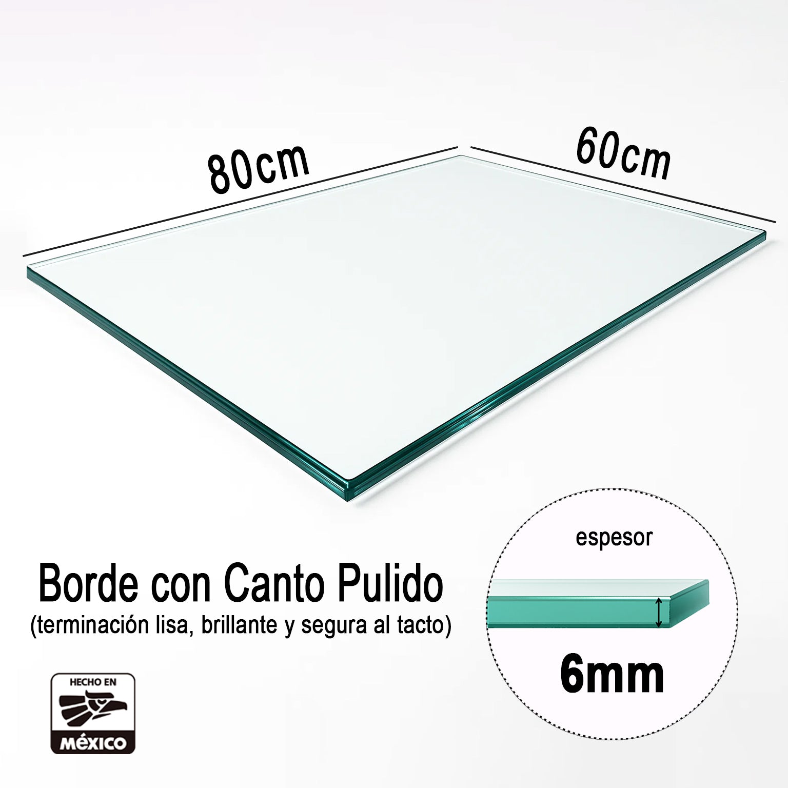 Cubierta Rectangular Vidrio Claro Templado 80x60cm para mesita de centro de 6mm espesor y acabado canto pulido - VitroTemp