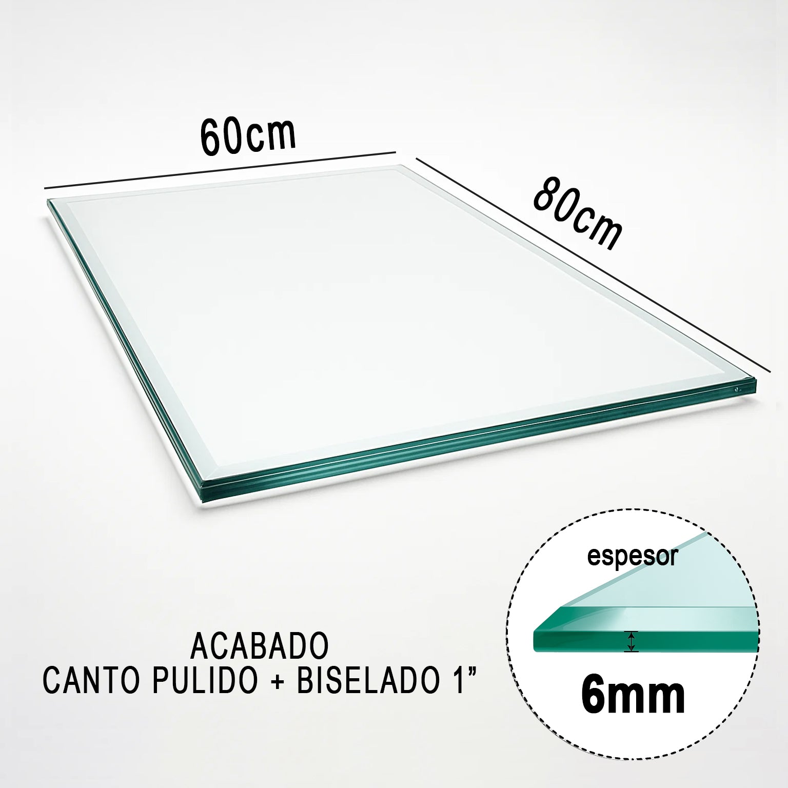 Cubierta Rectangular Vidrio Claro Templado 80x60cm para mesita de centro de 6mm espesor y acabado biselado de una pulgada - VitroTemp