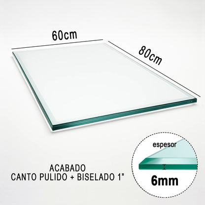Cubierta Rectangular Vidrio Claro Templado 80x60cm para mesita de centro de 6mm espesor y acabado biselado de una pulgada - VitroTemp