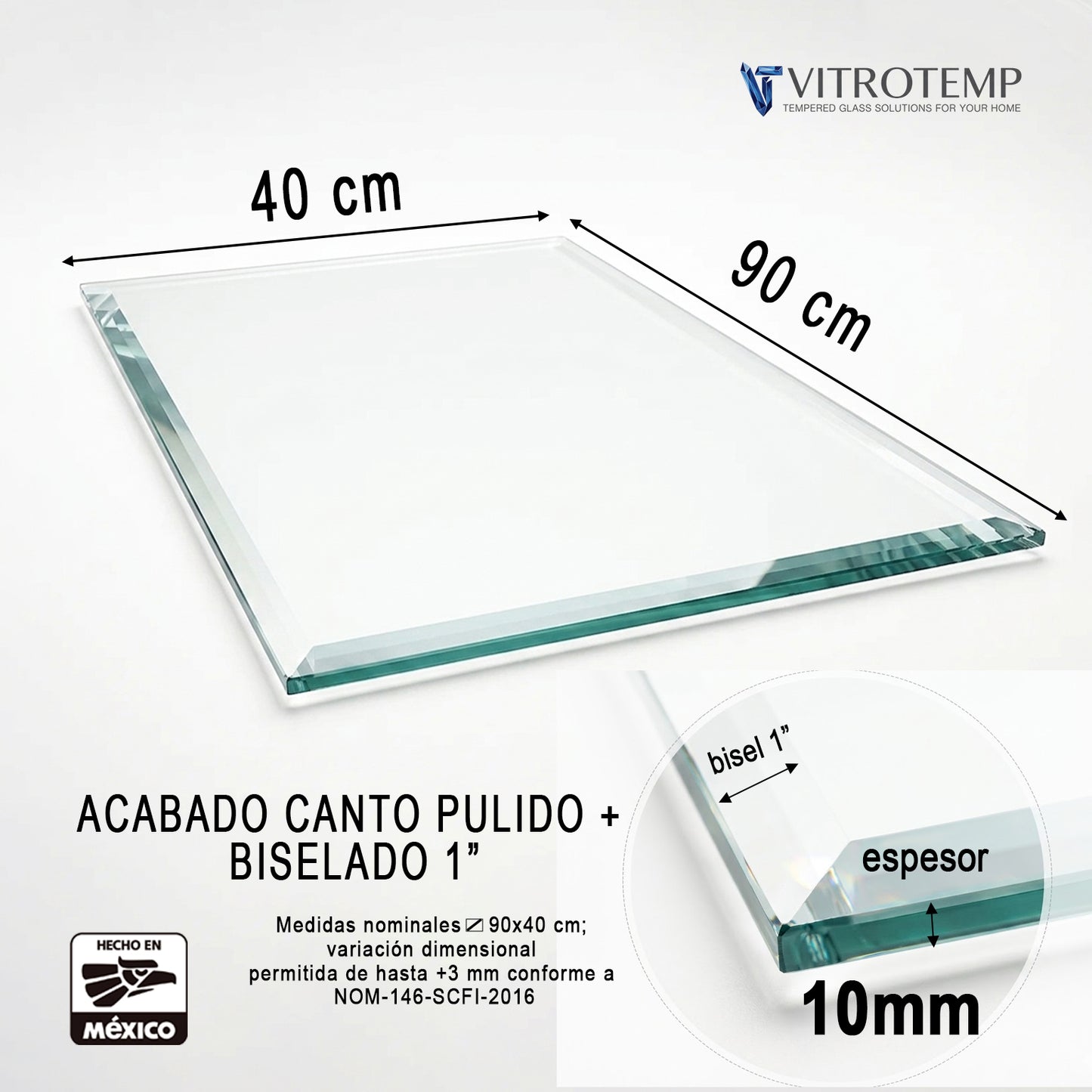 Cubierta Rectangular Vidrio Claro Templado 90x40cm