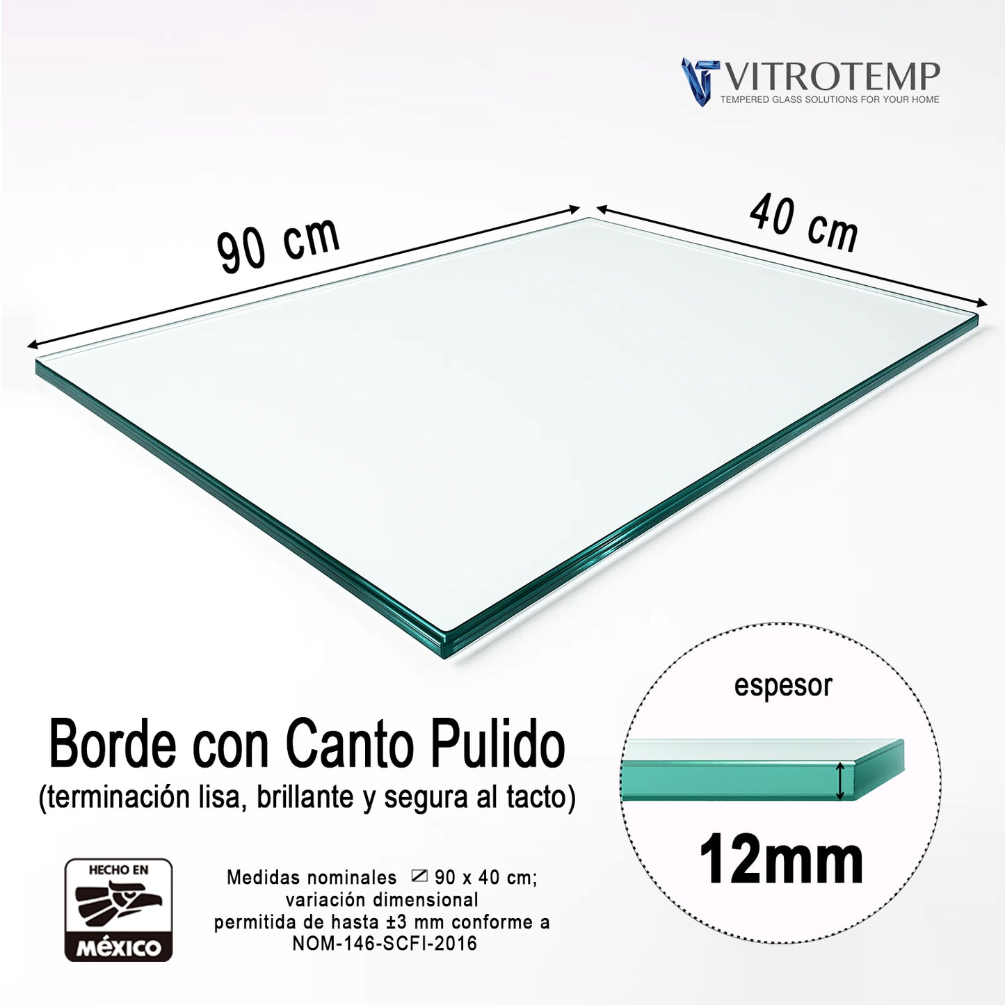 Cubierta Rectangular Vidrio Claro Templado 90x40cm