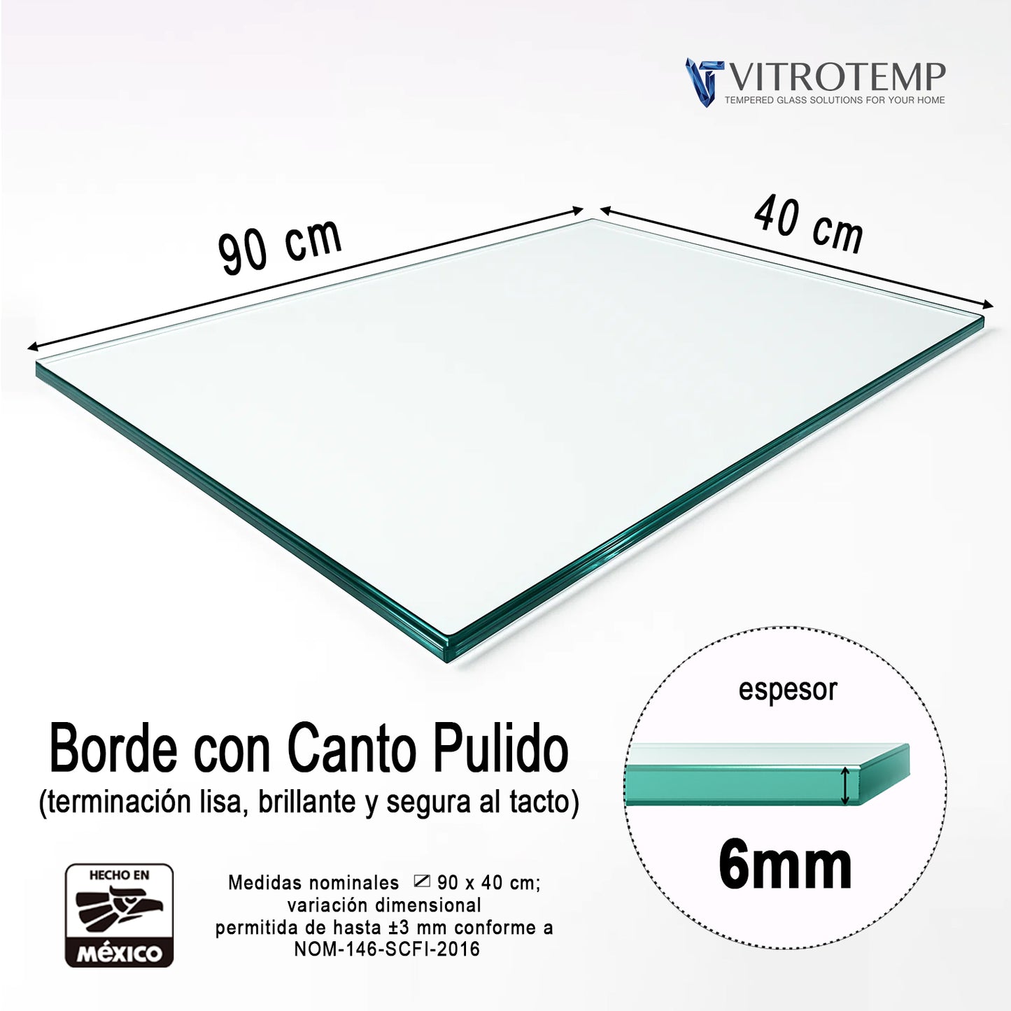 Cubierta Rectangular Vidrio Claro Templado 90x40cm