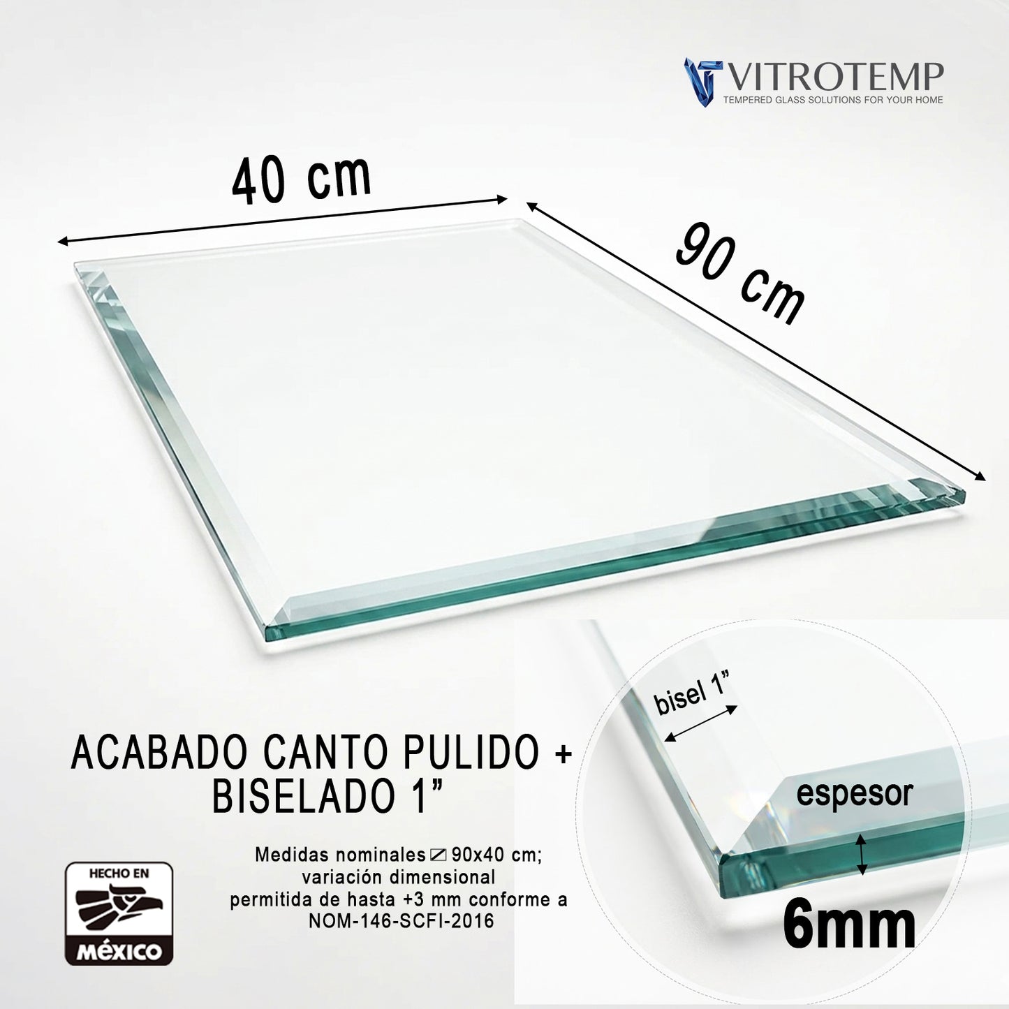 Cubierta Rectangular Vidrio Claro Templado 90x40cm