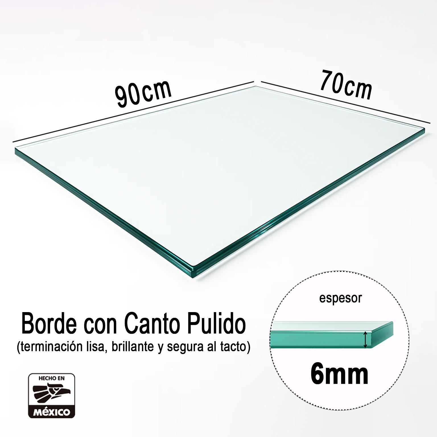 Cubierta Rectangular Vidrio Claro Templado para mesa con medidas de 90x70cm, espesor de 6mm y acabado canto pulido - VitroTemp