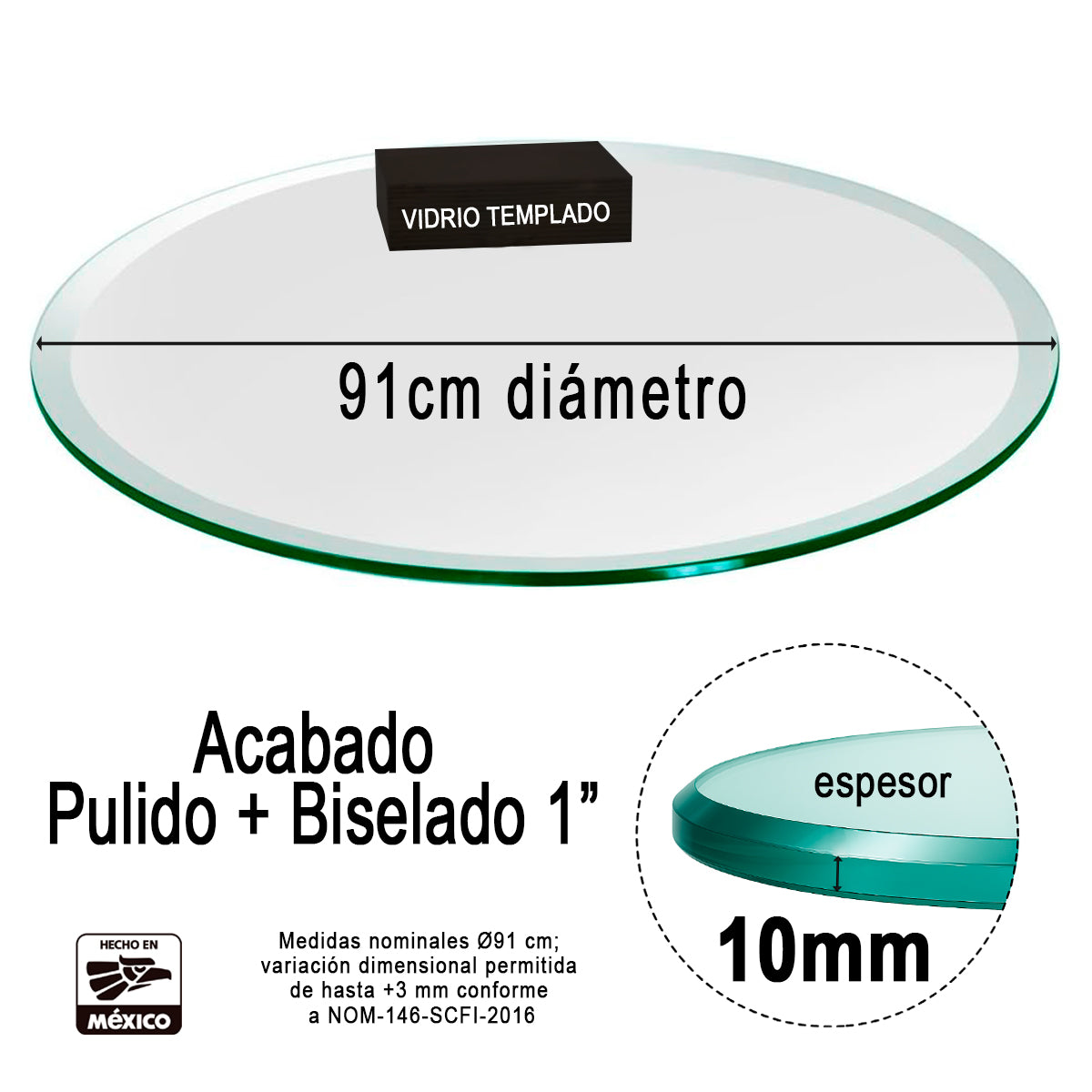 Cubierta Circular Vidrio Claro Templado 91cm Diámetro
