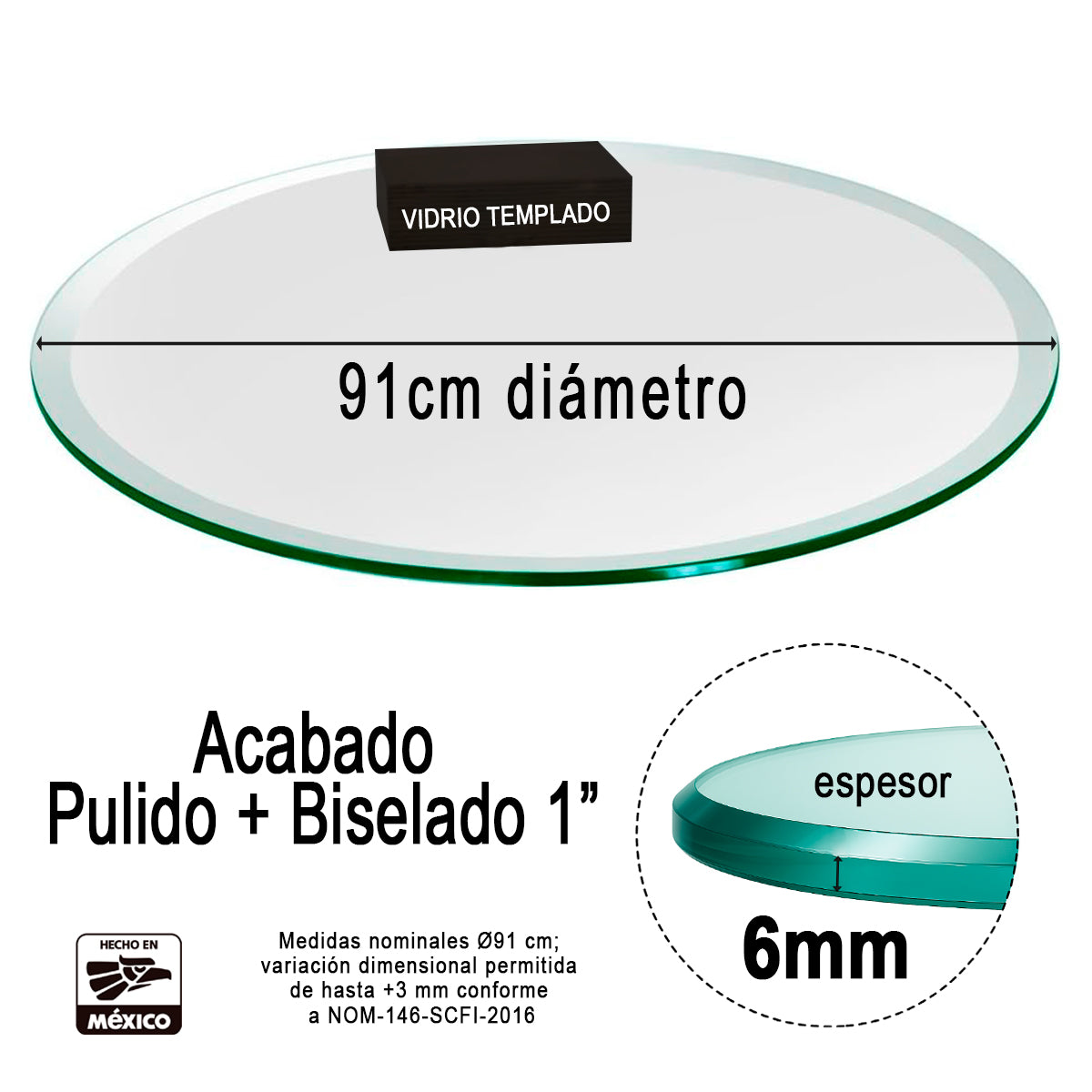 Cubierta Circular Vidrio Claro Templado 91cm Diámetro