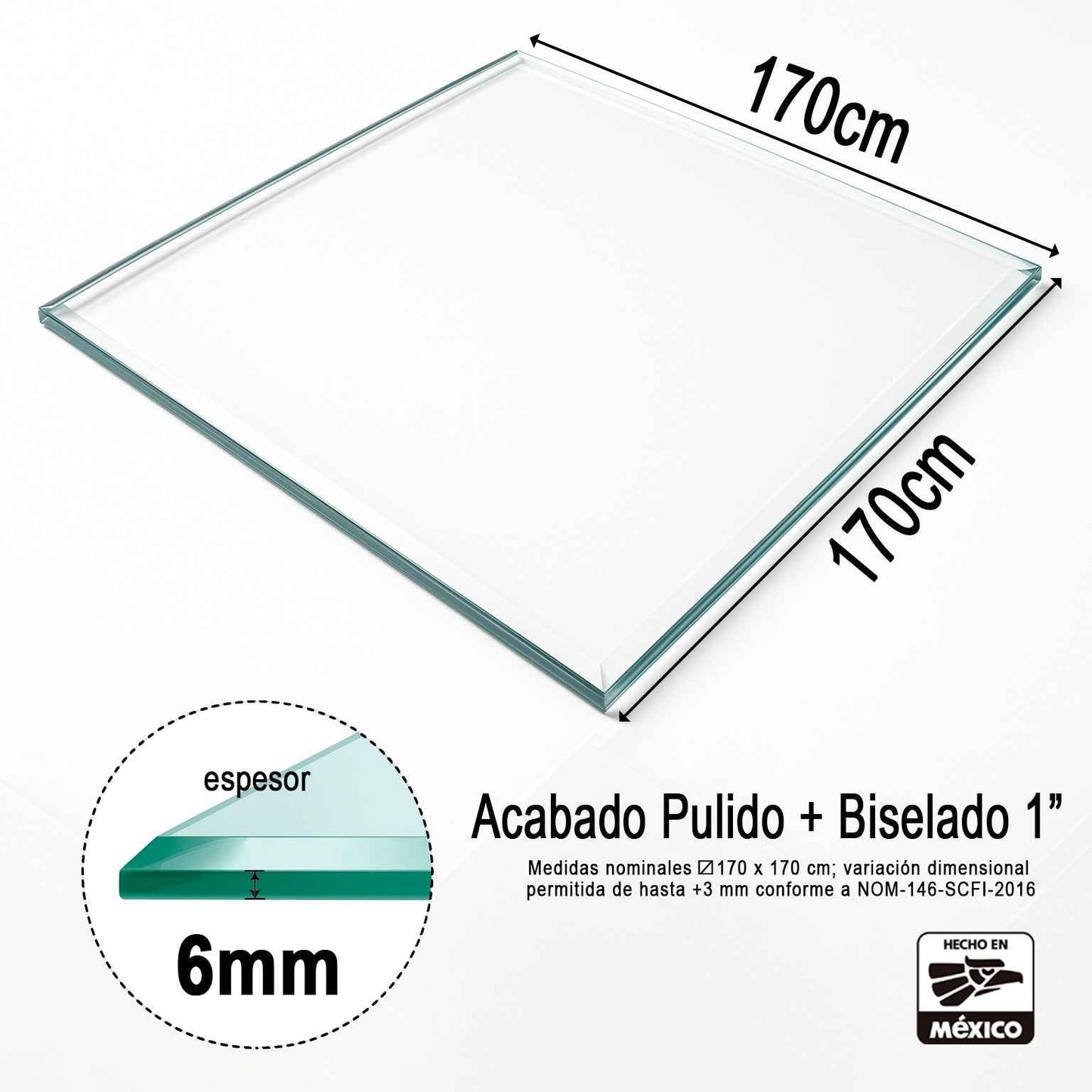Cubierta Cuadrada de Vidrio Templado Claro 170x170cm