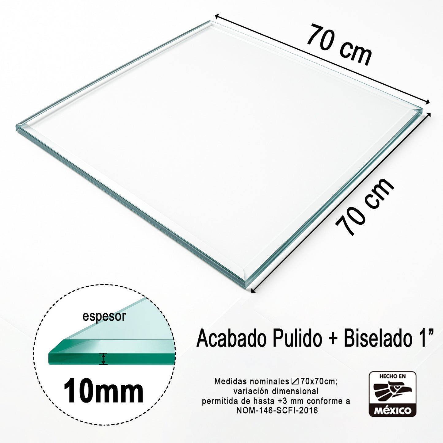 Cubierta Cuadrada de Vidrio Templado Claro 70 x 70 cm 10mm espesor acabado biselado 1" - VitroTemp