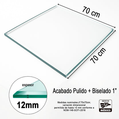 Cubierta Cuadrada de Vidrio Templado Claro 70 x 70 cm 12mm espesor acabado biselado 1" - VitroTemp