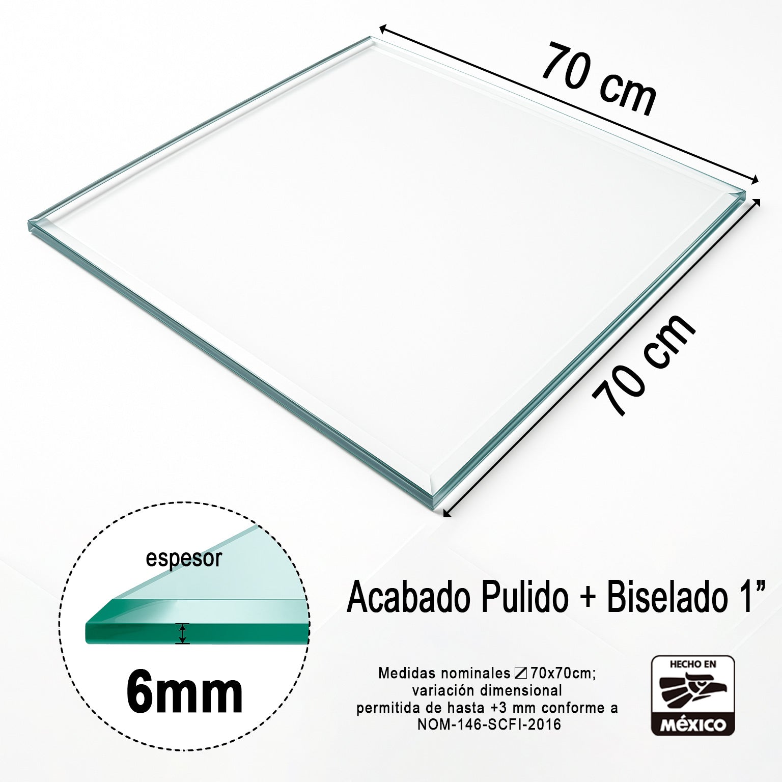 Cubierta Cuadrada de Vidrio Templado Claro 70 x 70 cm 6mm espesor acabado biselado 1" - VitroTemp