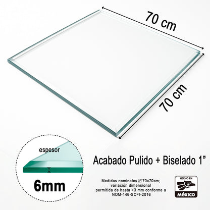 Cubierta Cuadrada de Vidrio Templado Claro 70 x 70 cm 6mm espesor acabado biselado 1" - VitroTemp